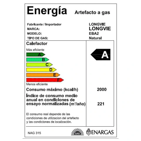 Calefactor a gas tiro balanceado 2000 kcal/h con encendido electrónico y salida posterior horizontal Tiza/Grafito - EBA2