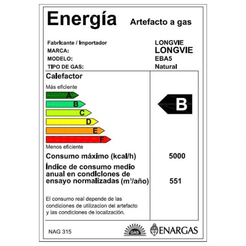 Calefactor a gas tiro balanceado 5000 kcal/h con encendido electrónico y salida posterior horizontal Tiza/Grafito - EBA5