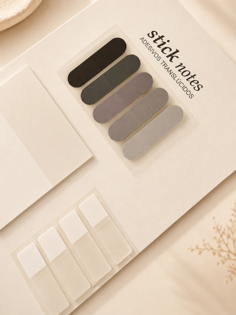 Conjunto de adesivos translúcidos Stick Notes em tons neutros, organizados sobre fundo claro