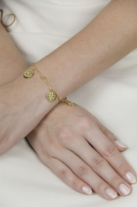 Pulseira Correntinha Bolinha Medalhinhas Símbolos - Dourado