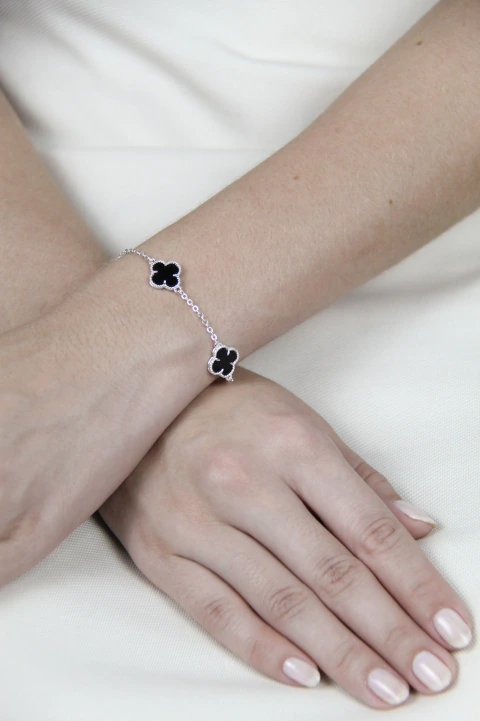 Pulseira Três Trevos Preto - Prata