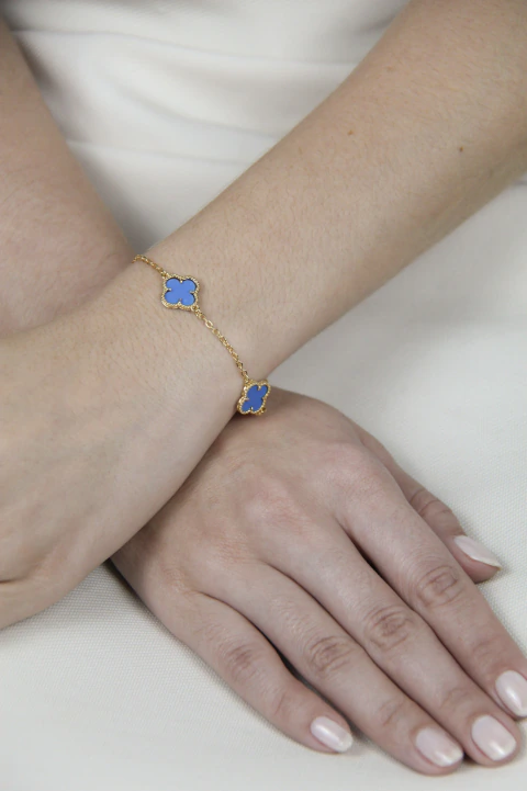 Pulseira Três Trevos Azul - Dourado