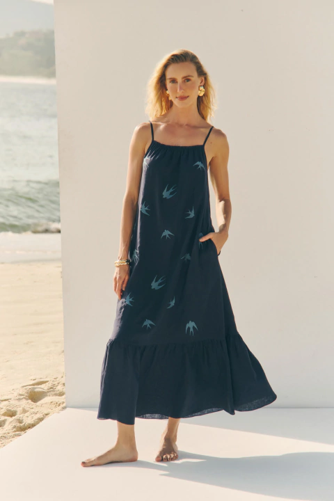 VESTIDO LINHO BORD ANDORINHAS - AZUL - comprar online
