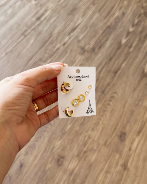 Trio Brincos Mix Aço Inox Dourado