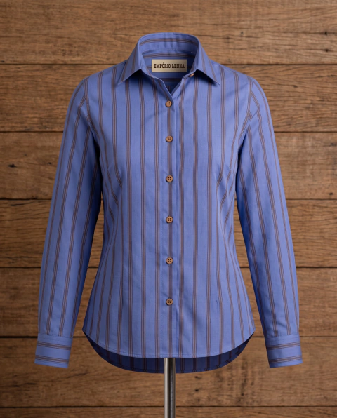 Camisa Social Feminina Anticalor 100% Algodão Cambraia Listrada Azul
