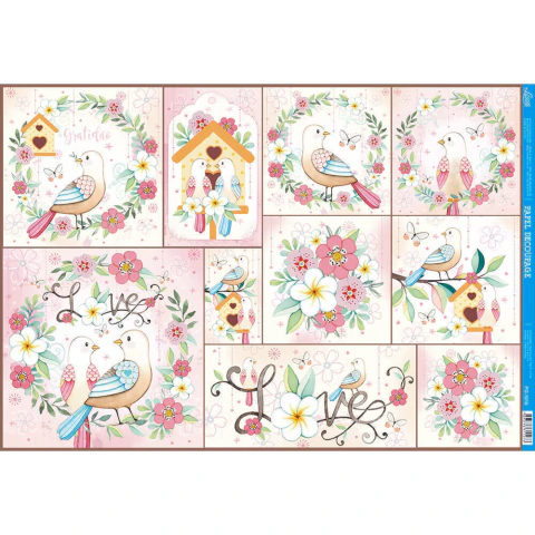 Papel para Decoupage Litoarte 49x34,3cm Love Passáros e Flores - PD-1010