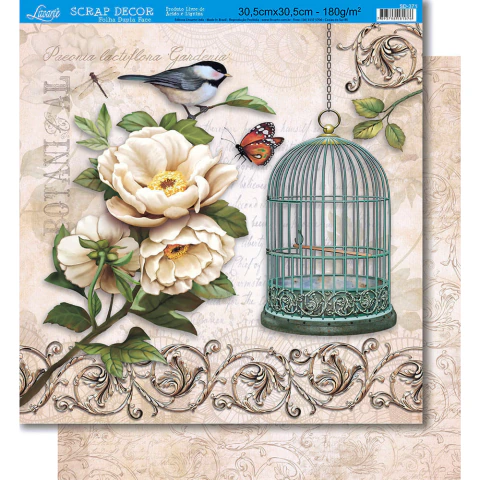 Papel para scrapbook Dupla Face Litoarte Pássaro, Gaiola, Flores Brancas e Arabescos 30,5x30,5 cm - SD-371