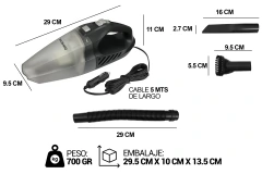 aspiradora Portátil para auto 12v 60w compacta cable boquillas manguera - FASE
