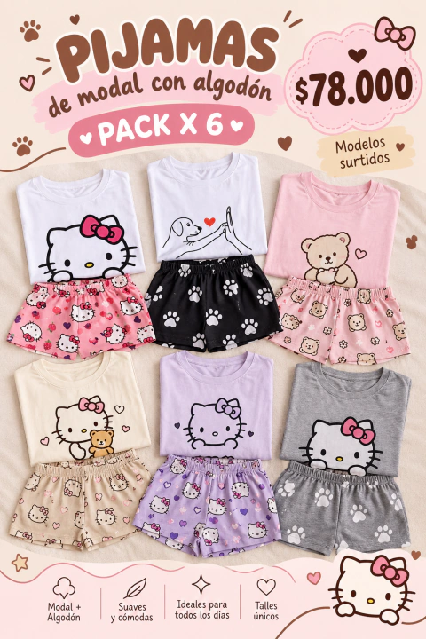 Pack x 6 pijamas REMERA + SHORT de adulto