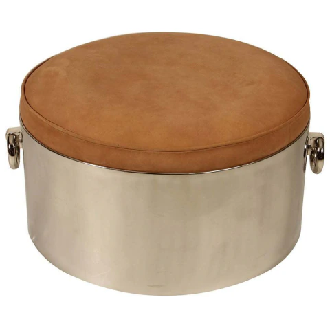 Round Denter Ottoman in Stainless Steel and Leather