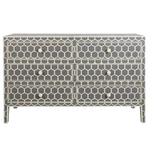 Samara Wood Dresser with Geometric Bone Inlay and 6 Drawers