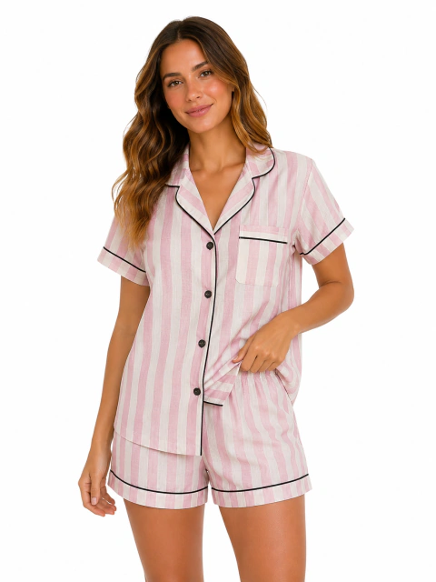 Pijama Curto Feminino Listrado em Rosa com Detalhe em Preto | 100% Algodão