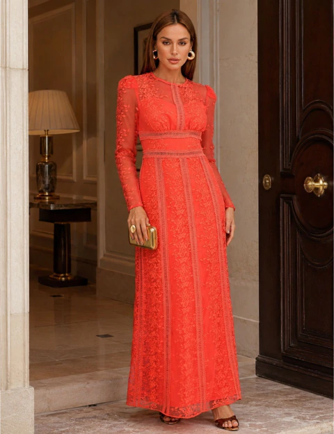 VESTIDO LONGO BORDADO CELESTE CORAL