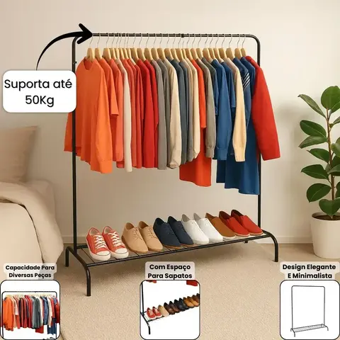 Cabideiro Arara De Roupas De Chão Com Sapateira Inclusa Moderno Loja Quarto Organizador Em Aço Suporta