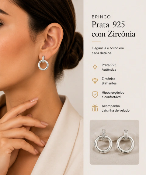 Brinco Prata Semijoia 925 com Zirconia Banho 50 milésimos - 1 par