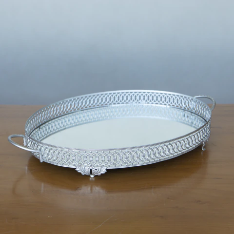 Bandeja Espelhada Oval Zflex G Prata | Metal e Espelho