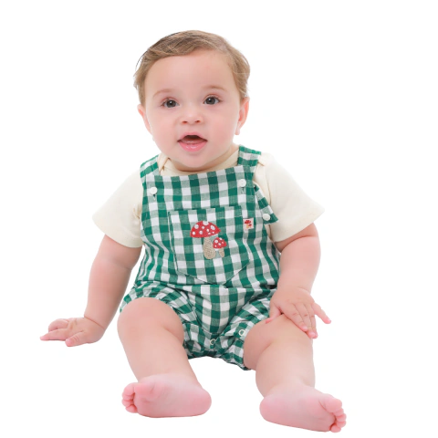 Jardineira Baby Xadrez Cogumelo