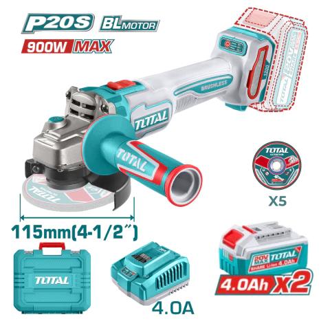 AMOLADORA A BATERIA ANGULAR 20V 900W 115MM + 2 BATERIAS 4AH Y CARGADOR + DISCOS DE CORTE TOTAL