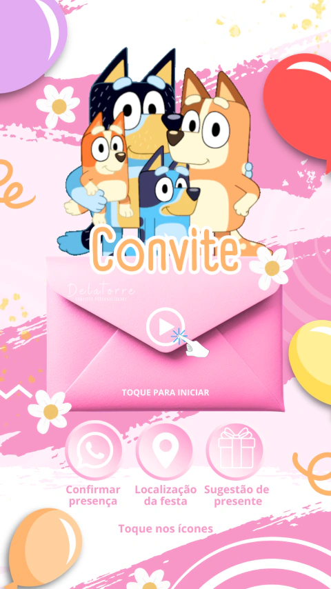 Convite animado interativo Aniversário Bluey menina