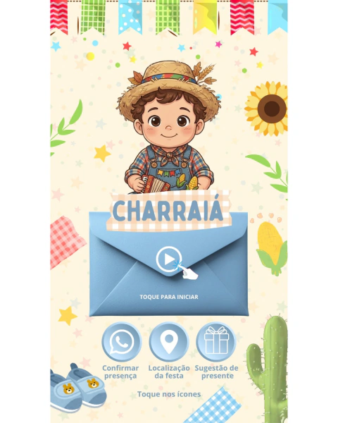 Convite animado interativo Chá de Bebê Charraiá Menino