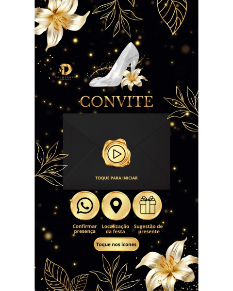 Convite animado Aniversário 15 anos Preto com Dourado