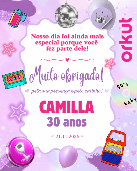 Agradecimento Aniversário Nostalgia Retrô Festa Anos 90