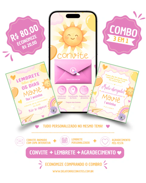 Combo Convite Animado Interativo + Lembrete + Agradecimento - Minha Primeira Volta ao Sol Rosa