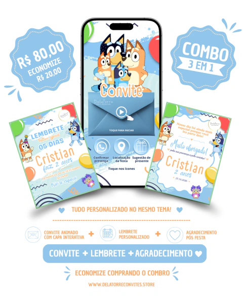 Combo Convite Animado Interativo + Lembrete + Agradecimento - Bluey