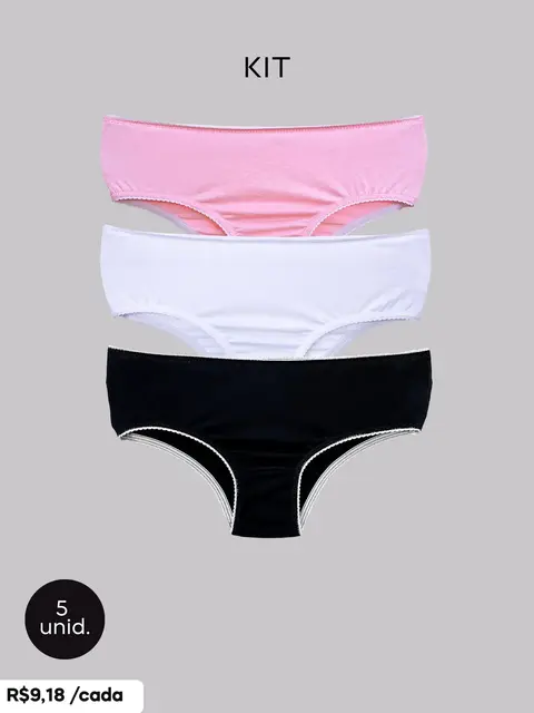 Kit 5 Calcinha Infantil Básica Trybasics - Preta / Branca / Rosa
