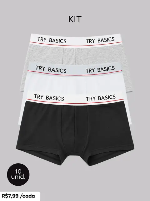 Kit Cueca Infantil Boxer Try Basics 10 Peças - Preta, Branca e Cinza