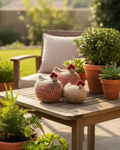 Set de 3 Gallinas Decorativas Tejidas a Crochet - Estilo Vintage