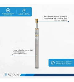Bomba Sumergible Vasser BT- 250 Pozo 2 Pulgadas 0.5 Hp (Reemplazo Bombeador) - Hidroplat