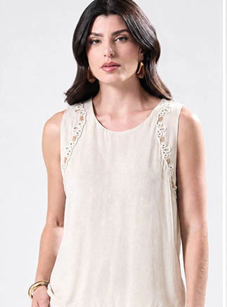 Blusa Regata Viscose e Linho com Bordado 456/xh1038 - Nude Chic- 20494