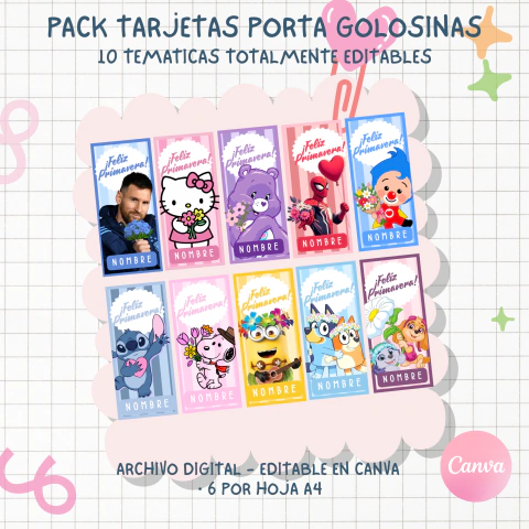 Pack Imprimible Tarjetas Porta Golosinas Día de la Primavera Editable Canva - 10 Temáticas