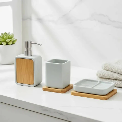 Set de Baño Ceramica y Bambu