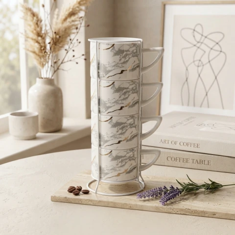 Juego de 4 Tazas Apilables Mármol Gris con Soporte Blanco