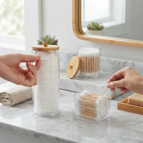 Set Organizador de Baño y Vanity con Tapa de Bambú x 3 Piezas