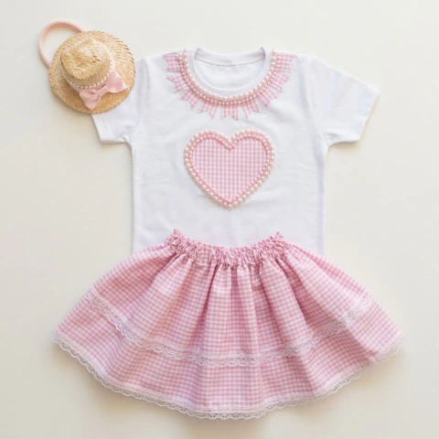 Conjunto Arraiá Menina com Body, Saia e Chapéu na meia de malha para a cabeça