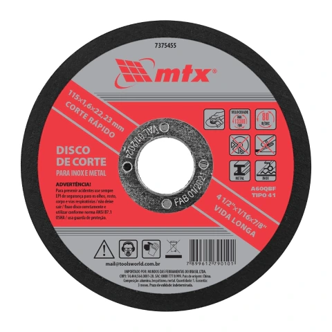 Disco De Corte Para Inox E Metal 115 X 1,6 X 22,23 mm 1 Peça Mtx
