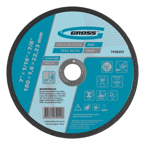 Disco De Corte Inox E Metal 180 X 1,6 X 22,23 Mm 1 Peça Gross
