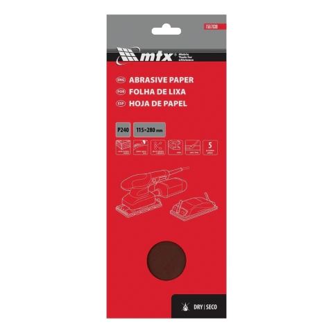 Folha De Lixa Costado De Papel Grão 240 115x280 Mm 5 Peças Mtx Para Madeira E Metal