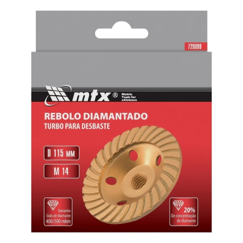 Rebolo Turbo Diamantado Rosca M14 115mm MTX Desbaste Acabamento Concreto Granito Mármore