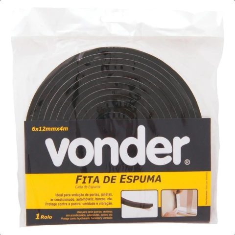 Fita adesiva espuma 12x6mm preta com 4 metros Vonder