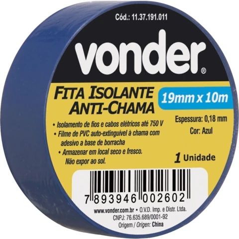 Fita isolante pvc 19mmx10m azul anti chama peça Vonder
