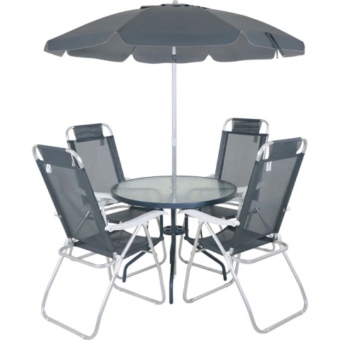 Conjunto Noronha Cinza com Mesa 4 Cadeiras e Guarda Sol Bel
