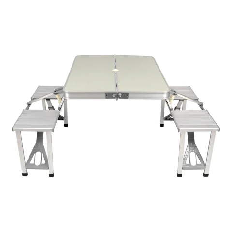 Mesa Dobrável De Alumínio Com 4 Banquetas 8500g MDF Aluminizado Prática E Conforto Kala