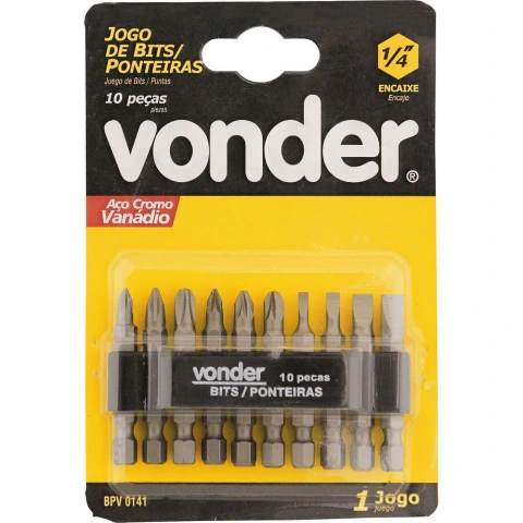 Jogo bits ponteiras 1/4" com 10 peças cromo vanádio - Vonder