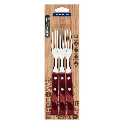 Conjunto 3 Garfos Para Churrasco Tramontina Polywood Aço Inox Cabo Vermelho Resistente Alta Qualidade