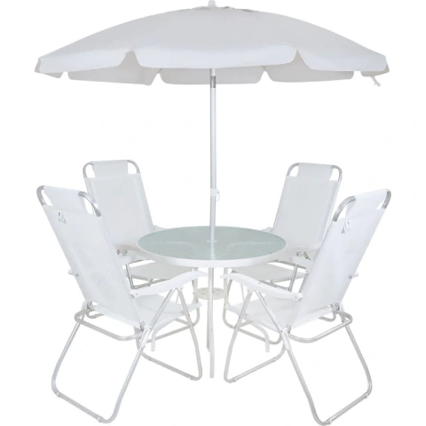 Conjunto Noronha Branco com Mesa 4 Cadeiras e Guarda Sol Bel