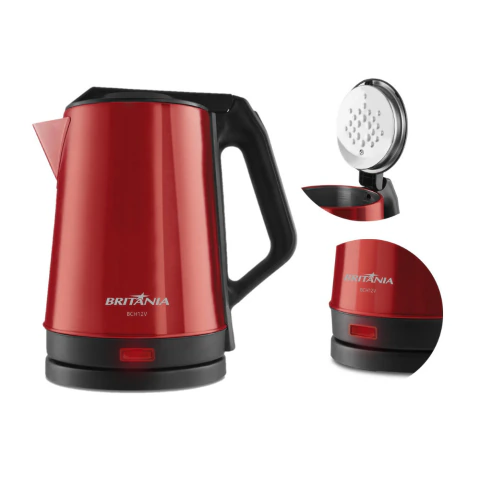 Chaleira Elétrica 1.9L BCH12V Britânia Vermelha Acabamento em Inox 127V